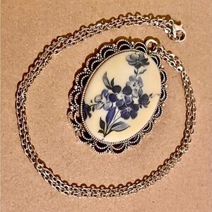 Vintage Victorian Style Indigo Ink Floral Pendant Necklace with Silver Chain